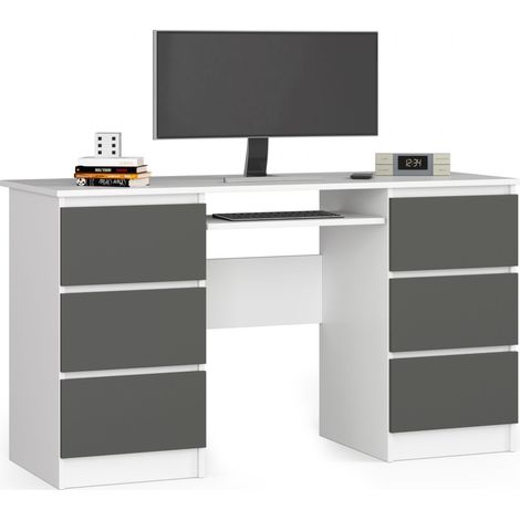 PC-Schreibtisch AKORD A11 in der Farbe Weiß mit 6 Schubladen Front Graphitgrau B135 x H77 x T50 cm (1/4)