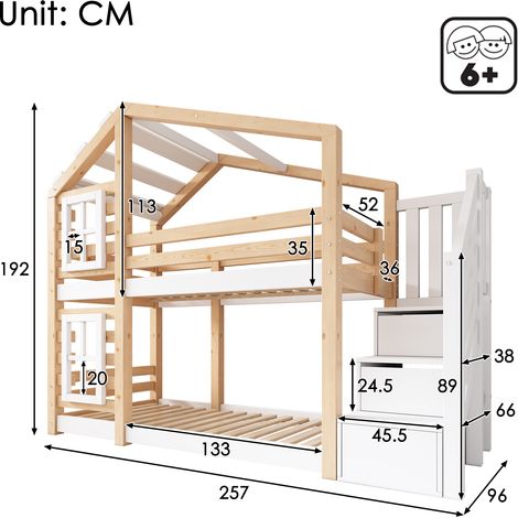 Letto a Castello 90×200 cm, Letto Singolo con Scala Contenitore, Finestre e Sponde, senza Materasso (1/4)
