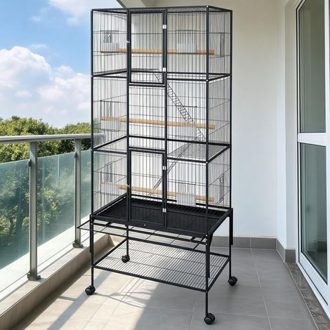 Volière spacieuse 175 cm pour oiseaux – Cage robuste en métal sur roulettes avec support amovible, plateau facile à nettoyer, mangeoires et perchoir – Parfait pour perruches, conures, calopsittes, can