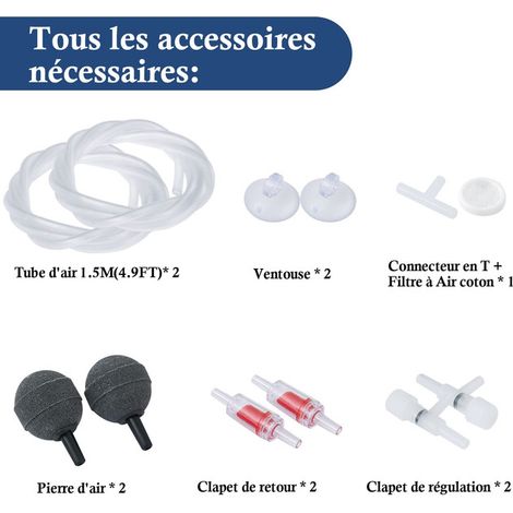 Pompe à Air d'Aquarium Silencieuse avec Débit Réglable 2 Sorties Aérateur pour Poisson avec Pierre à Air et Clapet Anti-Retour (1/5)