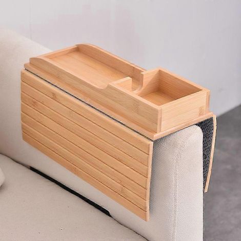 Table d'appoint en bambou pour accoudoir de canapé, porte-gobelet et étagère à collations, avec base de rangement, compatible avec les meubles de salon. (1/5)