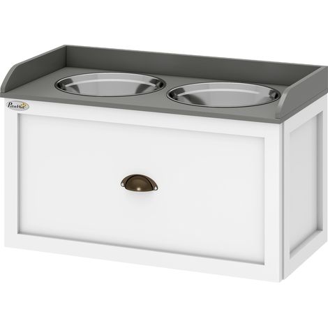 Gamelle double chien chat - porte-gamelles surélevé rangement 2 en 1 - tiroir, 2 gamelles - acier inox. MDF blanc gris