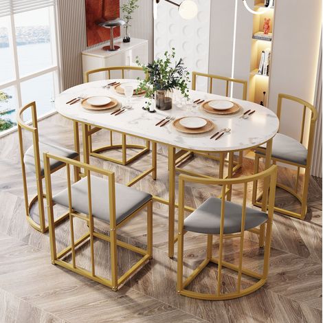 MEUBLIV Ensemble table à manger blanche avec 6 chaises grises et structure dorée en fer (1/5)