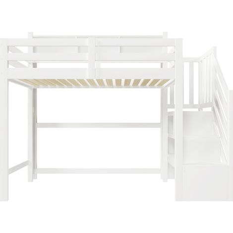 Litera infantil 90x200 cm blanca con LED, escalera de almacenamiento y gran espacio inferior (1/5)