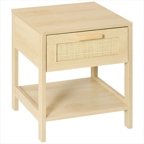 Table de chevet beige avec tiroir rotin et étagère 40 x 40 x 48 (1/5)
