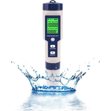 Testeur PH Mètre Électronique 5-en-1,Mesure Ph & TDS & EC Salinité & Température Testeur de qualité de l'eau,Écran LCD et Précision de Lecture,pour l'eau Potable, Aquariums, Piscines etc.-LIAIKI (1/5)