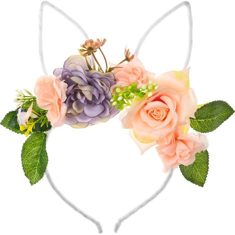 Headband Oreilles De Lapin - Fleur En Tissu Et Alliage - Pour Femme Fille Bébé - Taille Unique 13 X 11 Cm - 1 Pièce (1/5)