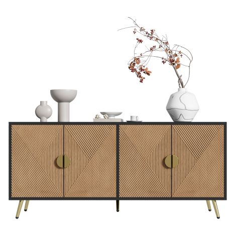 Credenza da 160 cm, quattro ante, maniglie dorate spazzolate e gambe del tavolo lucide.