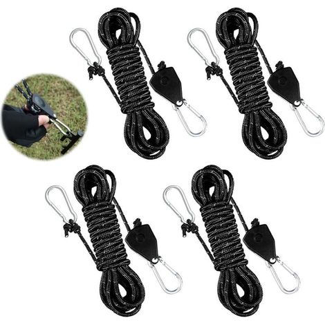 4 Pièces Cordes à Cliquet Réglable, 4m x 4mm Corde de Tente Réfléchissante, Corde de Haubanage de Tente avec Tendeur de Corde, Corde de Camping Légère à Cliquet, Ratchet Ropes pour Tentes, Auvents (1/4)