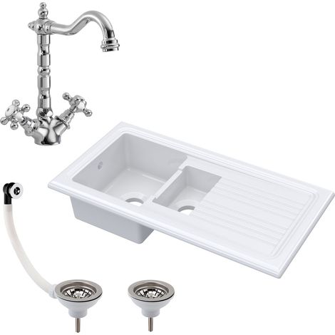 Fireclay 1010mm 1.5 Bowl Inset Kitchen Sink with Drainer, Classic Tap & Wastes in White Finish - Premium Quality (1/4)