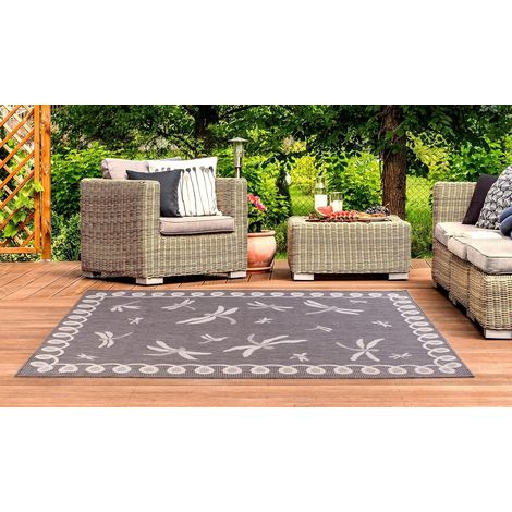 Terrace Dragonfly Flatweave Outdoor Indoor Bordered Silver/Grey Rug in 240 x 340 cm (8'x11'2'') (1/4)