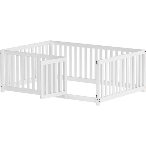 Cama infantil de madera maciza blanca 140x200 cm, cama baja con valla de 60 cm y puerta, sin somier (1/4)