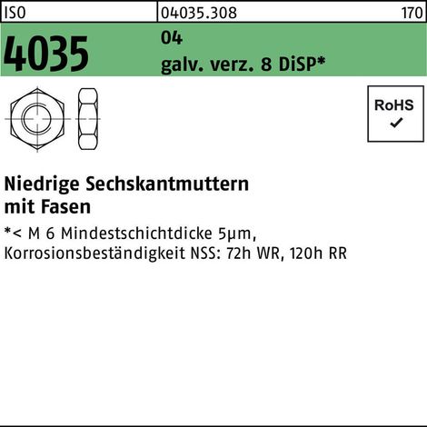 Sechskantmutter ISO 4035 M 4 x 0,7 Stahl galvanisch verzinkt dickschichtpassiviert 1000 Stk