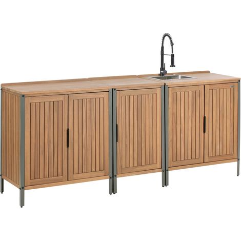 Cucina da esterno 3 elementi in legno di acacia massiccio marrone e nero con lavello in acciaio inox e ripiani Ivrea
