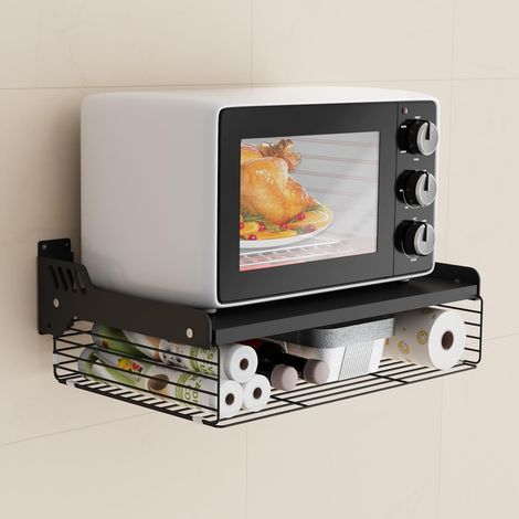 Support Micro Onde Mural Cuisine, 2 Niveaux avec Panier Rangement Etagere Micro Onde en Acier au Carbone, Gain de place, installation facile, 55 x 35 x 16 cm, Noir