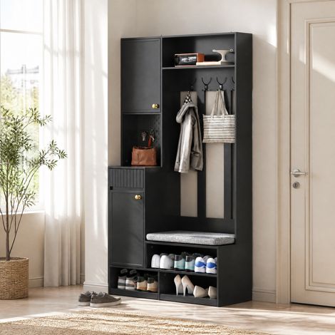 Garderoben-Set mit Bank, 4 Haken, Türen und Schubladen, 100 x 180 x 35 cm, schwarz HAVRYA (1/5)