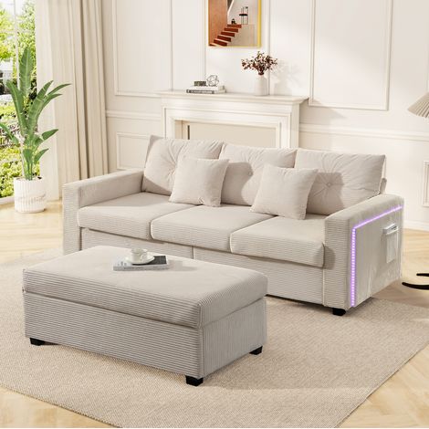 Divano angolare 3 posti con ottomano, beige, con cuscini, DESVIAE (1/5)