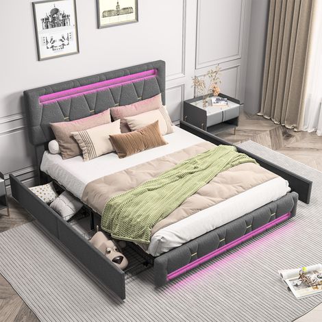 Grand lit 2 places 160x200, Lit coffre avec 4 tiroirs, LED réglable, Tête de lit réglable, Sommier Inclus, lin gris, Chambre moderne