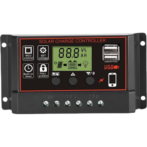 30A 12V/24V Contrôleur de Charge Régulateur Panneau Solaire de Batterie Intelligent PWM avec 5V Double Port USB LCD Affichage (1/4)