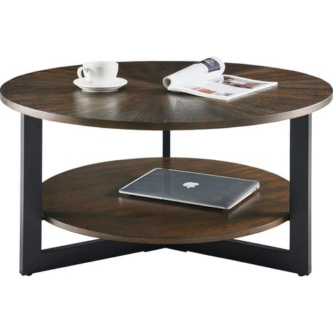 PADMA HOUSE Table Basse Bois, Table Basse Ronde pour Salon 85 cm, Tables Basses Circulaire à 2 Niveaux avec Rangement, Cadre en Métal (Brown Rustique) (1/5)