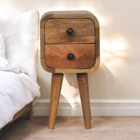 Solid Wood Extra Mini Curved Oak-ish Bedside, 2 Drawers, Brown
