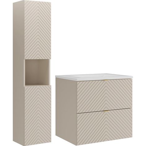 Mobile bagno sospeso a listelli con lavabo da incasso e colonna Beige 60 cm - DORIONI