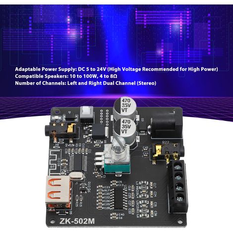 Ortviai Amplificateur Bluetooth Stéréo 2 Canaux ZK-502M 12–24 V avec Entrées Bluetooth/AUX/USB (1/4)