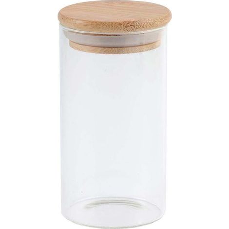 Bocal en verre transparent de 300 ml avec couvercle en bambou, idéal pour conserver le thé en vrac, le café en grains, le sucre et le sel. (6,5 x 12 cm) (1/3)