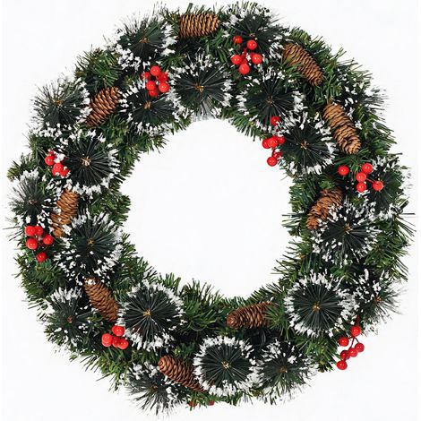 Couronne de Noël Électrique 60 cm – Pin Artificiel, Baies Rouges, Cônes de Pin & Clairères LED Blanc Chaud – Décoration Porte Intérieur/Supplérieur