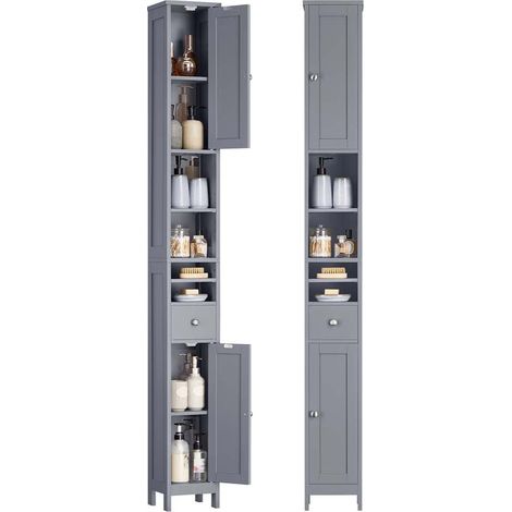 Armoire haute meuble salle de bain 19,5 x 21,4 x 180 cm etroit avec étagères réglables tiroir compartiments ouverts pour les petits espaces moderne gris (1/5)