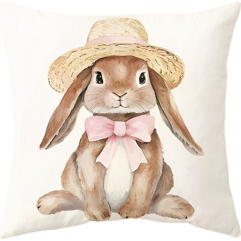 Funda de almohada de Pascua: funda de almohada de lino con estampado de conejitos y huevos, decoración festiva para el hogar, compatible con rellenos de almohada de tamaño estándar.