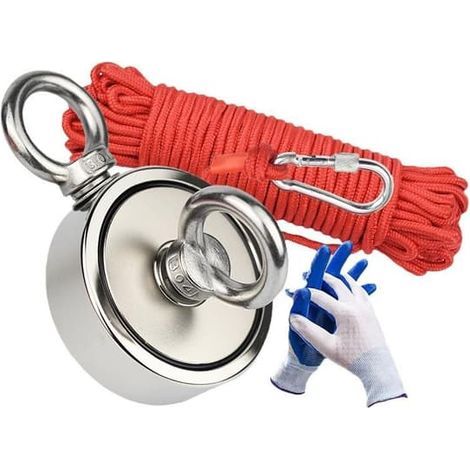 Kit de pêche magnétique, aimant de pêche puissant de 300 kg, aimant de pêche rond en néodyme-fer-bore avec anneau double face recyclable dans l'eau. (1/5)