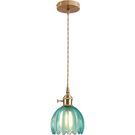 Vintage Glass Pendant Light with E27 Socket and Rotary Switch, Petal Shape Lampshade Ceiling Light for Kitchen, Dining Room or Bedroom (Blue) (1/5)