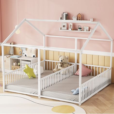 Lit superposé enfant cabane 90x200 cm, métal blanc, avec garde-corps de sécurité et échelle (1/5)