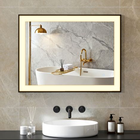 Specchio da bagno con luce LED 80x60 cm con 3 colori di luce, funzione antiappannamento, funzione memoria, IP44, orientamento orizzontale/verticale