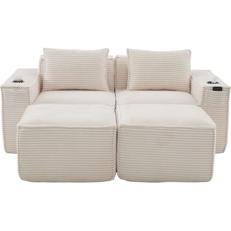 Divano modulare 2 posti in velluto a coste beige con 2 pouf, portabicchieri e tasche (1/5)