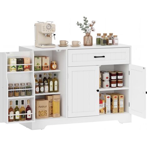 Buffet de cuisine moderne avec tiroir, étagères réglables, petit garde-manger avec compartiments à portes, blanc (1/5)