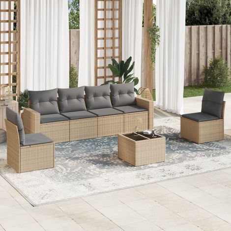 Set sofás de jardín 7 piezas y cojines ratán sintético beige vidaXL (1/3)