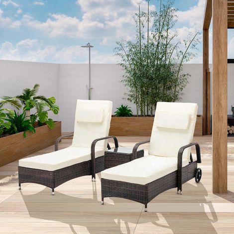 3 Pieces Rattan Sun Lounger Bed Recliner Outdoor Chair & Side Table Set Venice BROWN