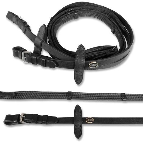 Noir - Rênes d'équitation en tissu avec revêtement en caoutchouc