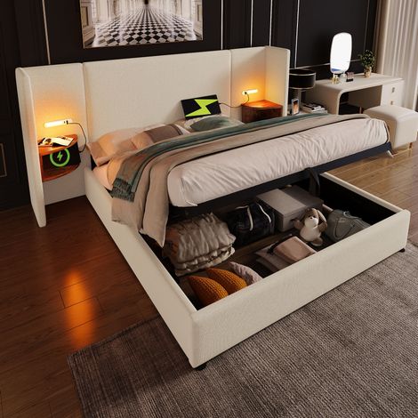 Cama tapizada 180/200 cm beige de lino con almacenaje hidráulico, luz de lectura y estantes (1/5)