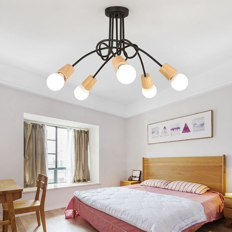 Plafoniere Creativo, 5 Luci Lampadario a Soffitto in Industriale Stile, Illuminazione a Form di Spider con Supporto E27 per Cucina Camera da Letto (Nero e Legna) (1/5)