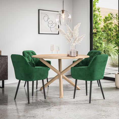 Malvern Round Dining Table And Chairs -  Oak Table Top w Solid Oak Legs + Anika Velvet Dining Chair Set Of 4 (Green) (1/5)