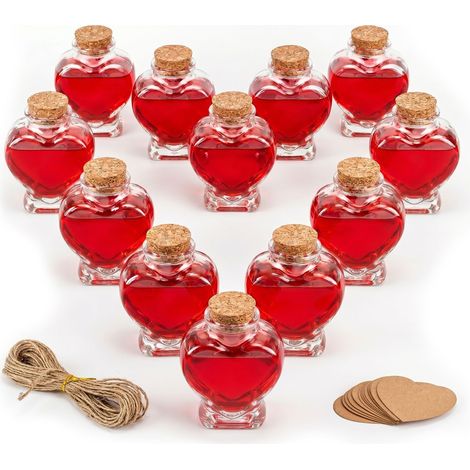 Relaxdays Glass Bottles, Set of 12, Cork Stoppers, Heart-Shaped, 90 ml, for oil, vinegar & spices, DIY liqueurs, clear