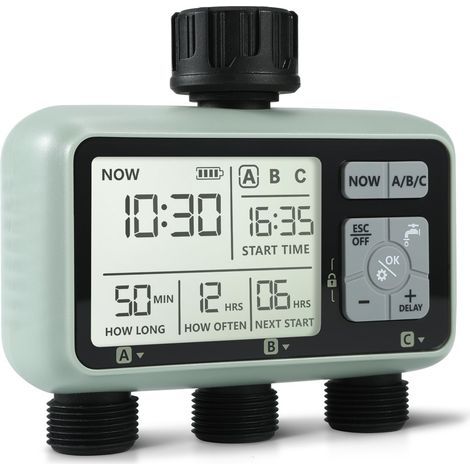 Programmateur Arrosage 3 Voies,Programmateur d'Arrosage Extérieur avec Affichage LCD, Water Timer Mode Automatique et Manuel, retardateur de Pluie,Temps d'arrosage (1/5)