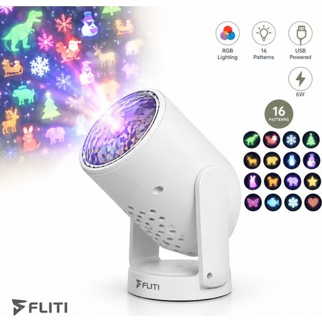 FLITI Projecteur de Noël Cylindrique 16 Motifs USB Dinosaure Animaux Éclairage Ambiance RGB 6W Lampe Bureau Décorative (1/5)