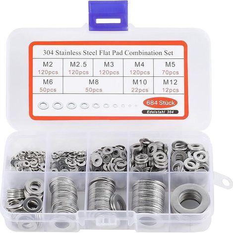 BASVII 684 Pièces Inox Rondelles Plates Metal, pour Gonds de Porte, 9 Tailles Rondelles Acier Inoxydabl 304 - M2 M2.5 M3 M4 M5 M6 M8 M10 M12 Rondelle Carrossier Inox (1/4)