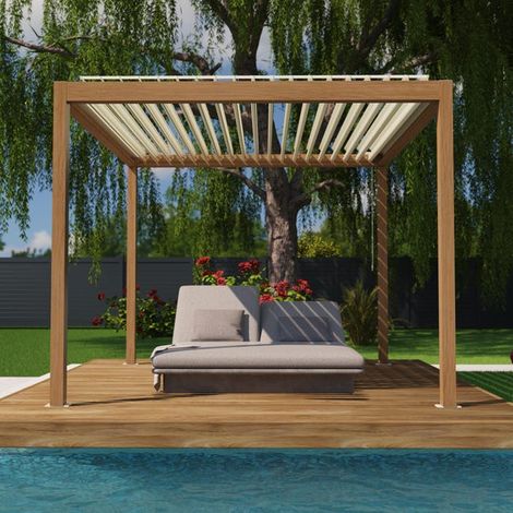 Pergola Bioclimatique Aluminium Autoportante Aspect Bois 3x3 Manuelle S ORIAL France