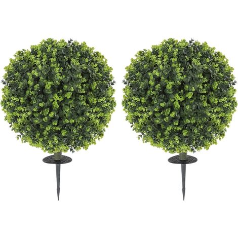 Set de 2 plantas artificiales de boj en esfera con estaca, verdes, resistentes a los UV (1/5)
