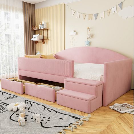 Cama tapizada 90x190 cm rosa de terciopelo con cajones y escalones (1/5)
